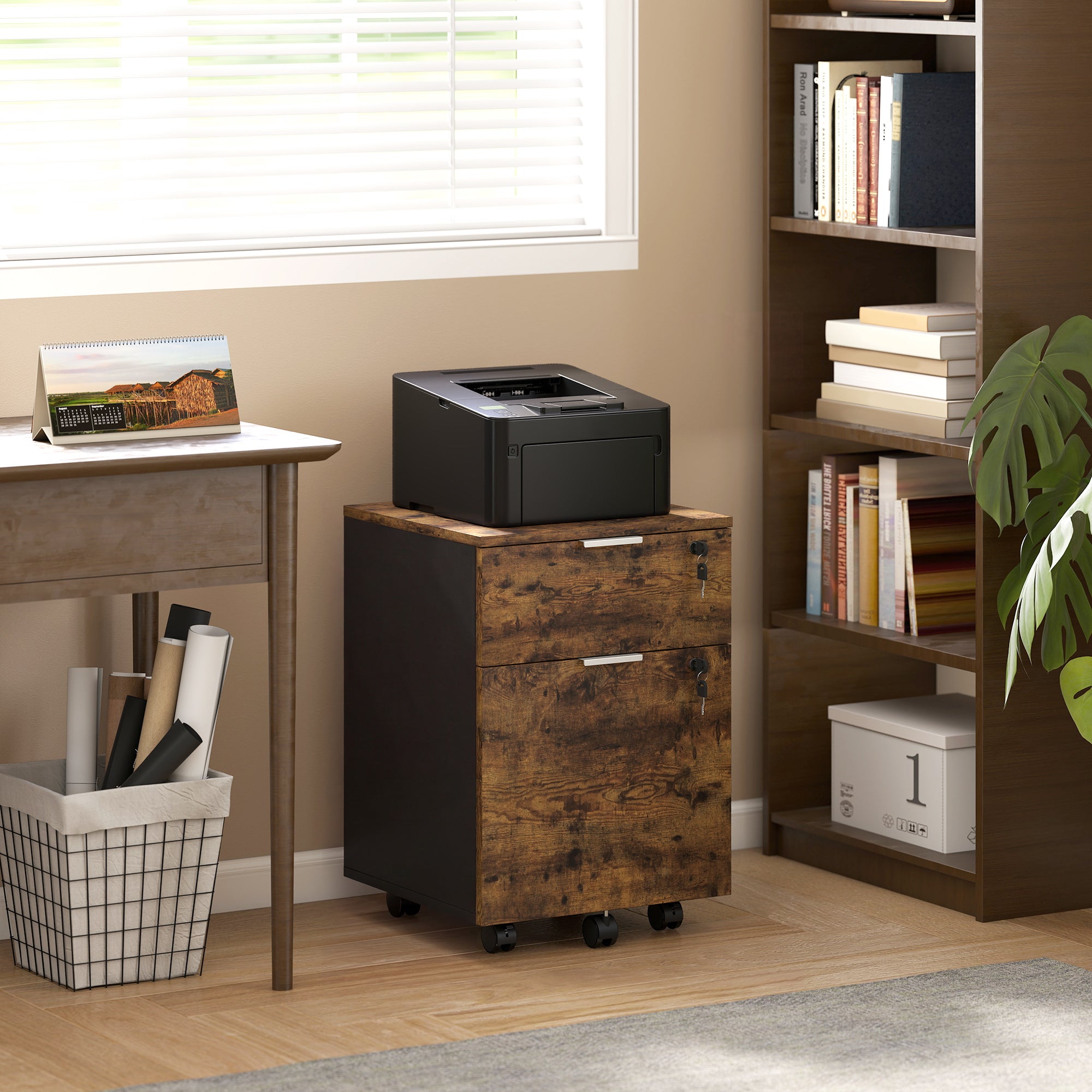 HOMCOM Two-Drawer Lockable Filing Cabinet - Black and Rustic Brown 