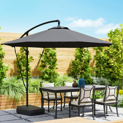 Outsunny 3(m) Garden Cantilever Parasol with Fillable Base, Wind Protection Strap, Cover, Round Banana Hanging Umbrella with Crank Handle and Tilt, Patio Umbrella for Outdoor Sun Shade, UPF50+, Grey 