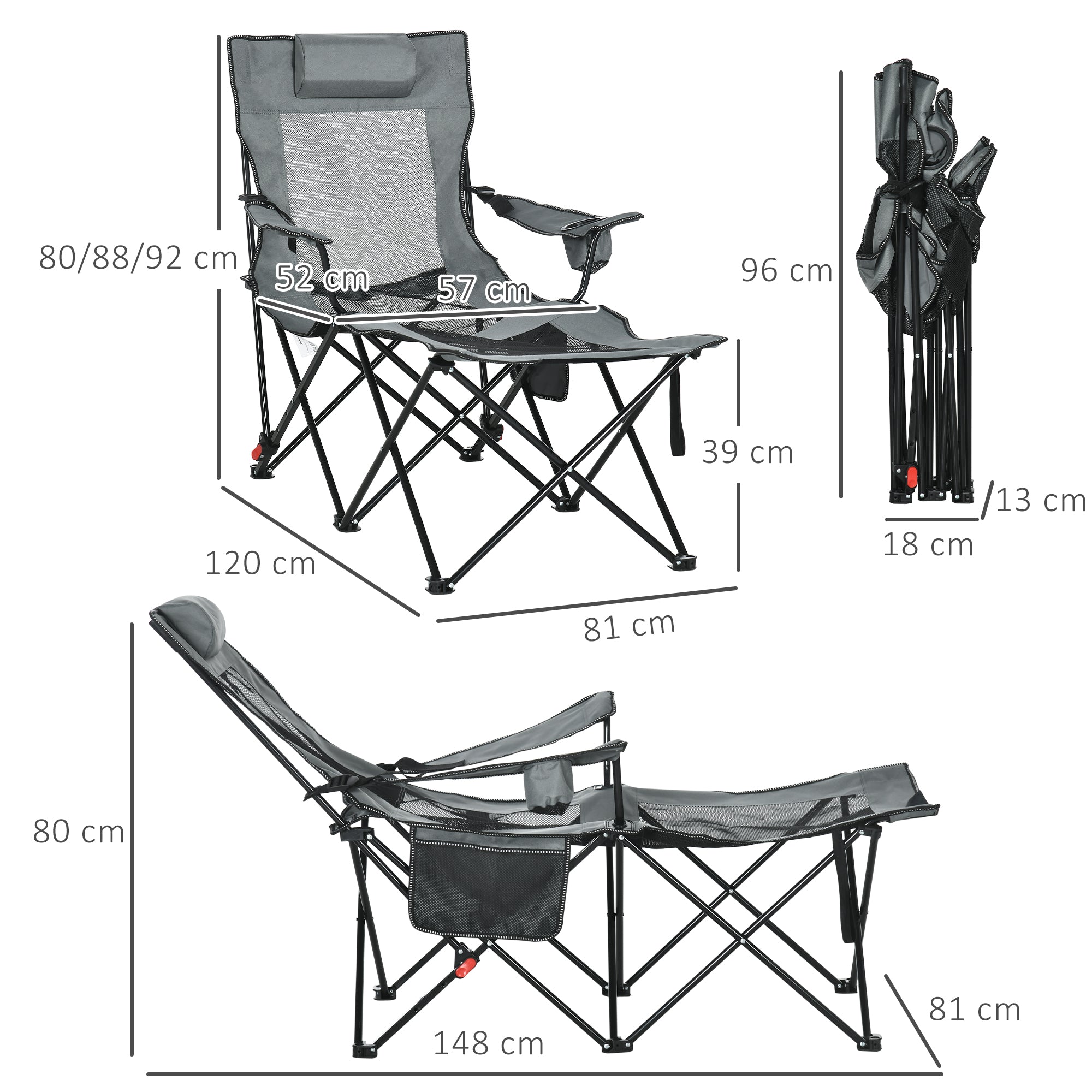 Outsunny Foldable Reclining Garden Chairs with Footrest and Adjustable Backrest, Portable Camping Chair with Headrest, Cup Holder, Side Pocketand Carry Bag for Outdoor, Grey 