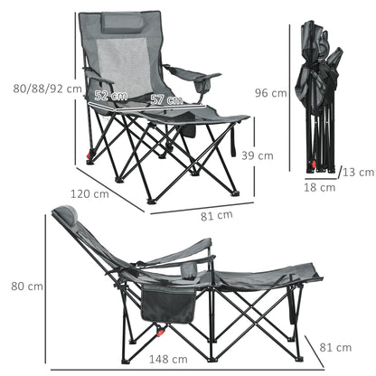 Outsunny Foldable Reclining Garden Chairs with Footrest and Adjustable Backrest, Portable Camping Chair with Headrest, Cup Holder, Side Pocketand Carry Bag for Outdoor, Grey 