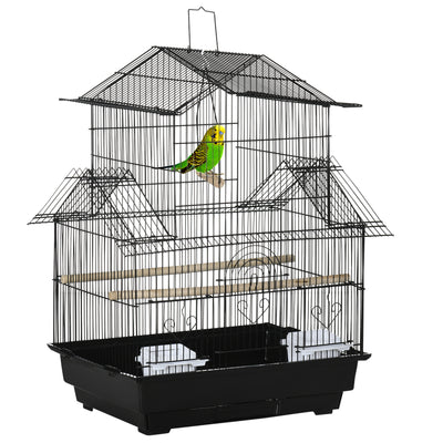 PawHut Metal Bird Cage with Plastic Swing Perch Food Container Tray Handle for Finch Canary Budgie 43.5 x 33 x 63 cm, Black 