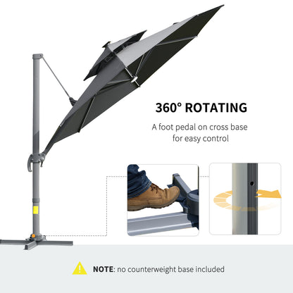 Outsunny 3m Cantilever Parasol w/ Solar Lights Power Bank Base 360° Spin Dark Grey 