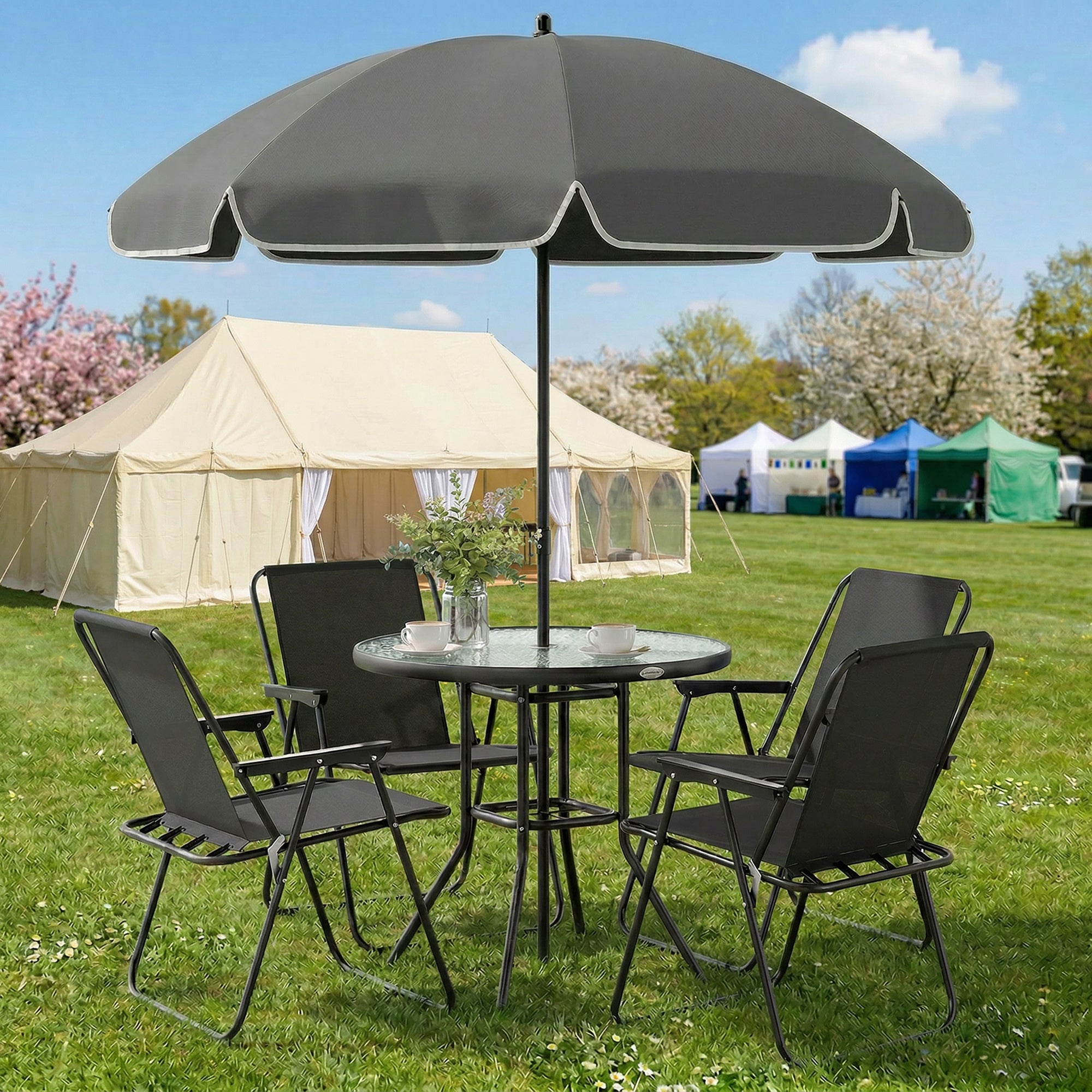 Outsunny 4 Seater Garden Furniture Set, 6 Pieces Garden Table and Chairs with Parasol for Patio, Black 