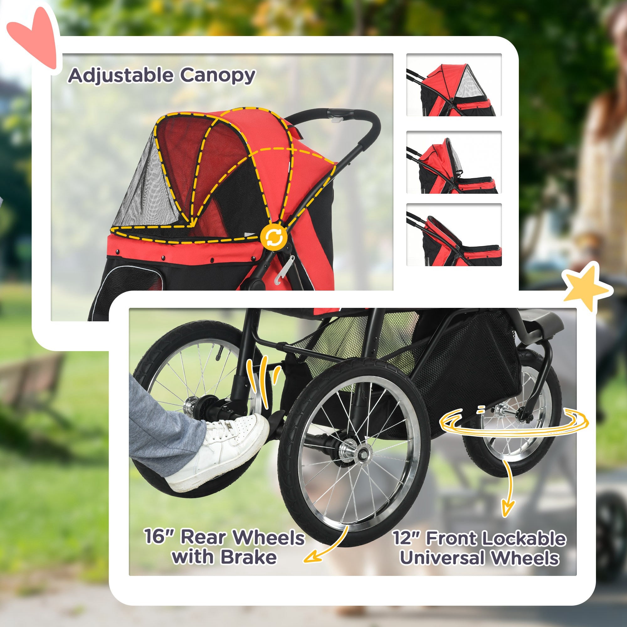 PawHut Foldable Pet Stroller with Three Wheels, for Small, Medium Dogs, Red 