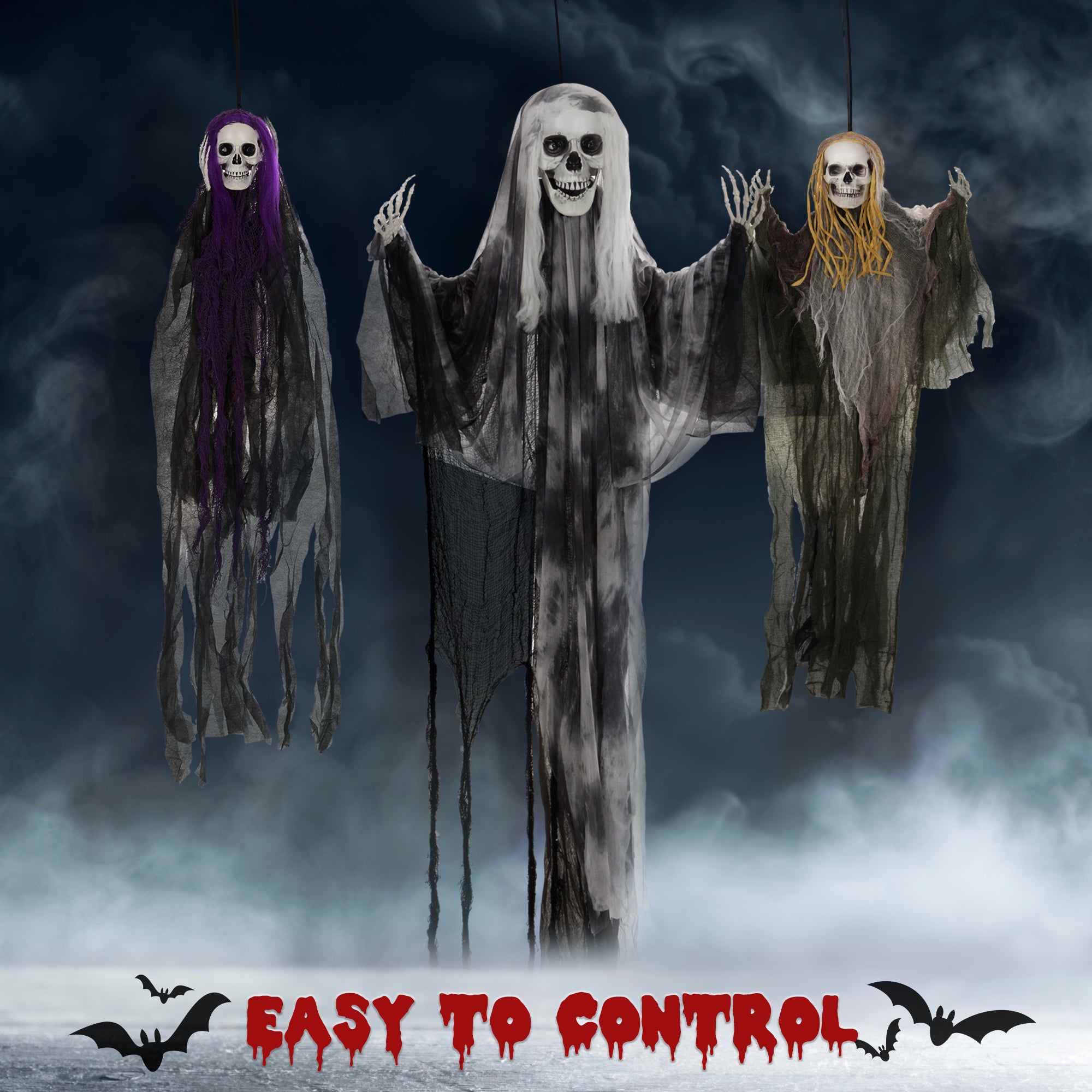 HOMCOM Set of 3 Hanging Skeleton Halloween Decorations, Scary Flying Ghost for Garden, Party, 90/110/170cm