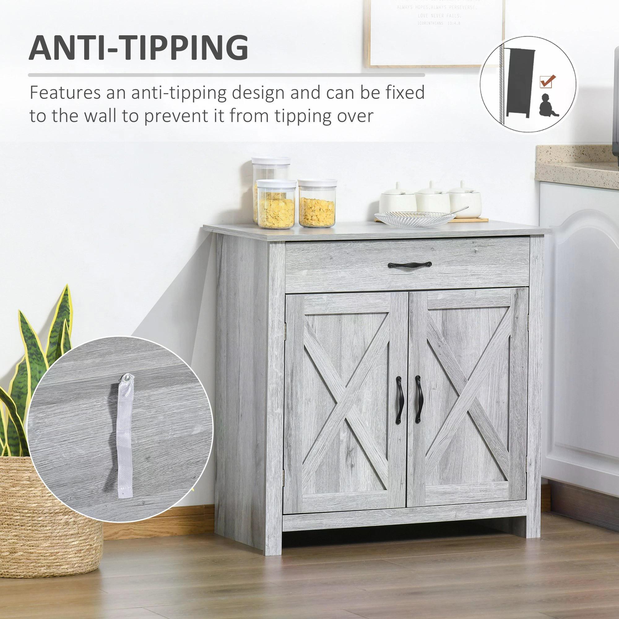 HOMCOM Farmhouse Barn Door Sideboard Storage Cabinet Coffee Bar for LIVING Room – Grey Grain 