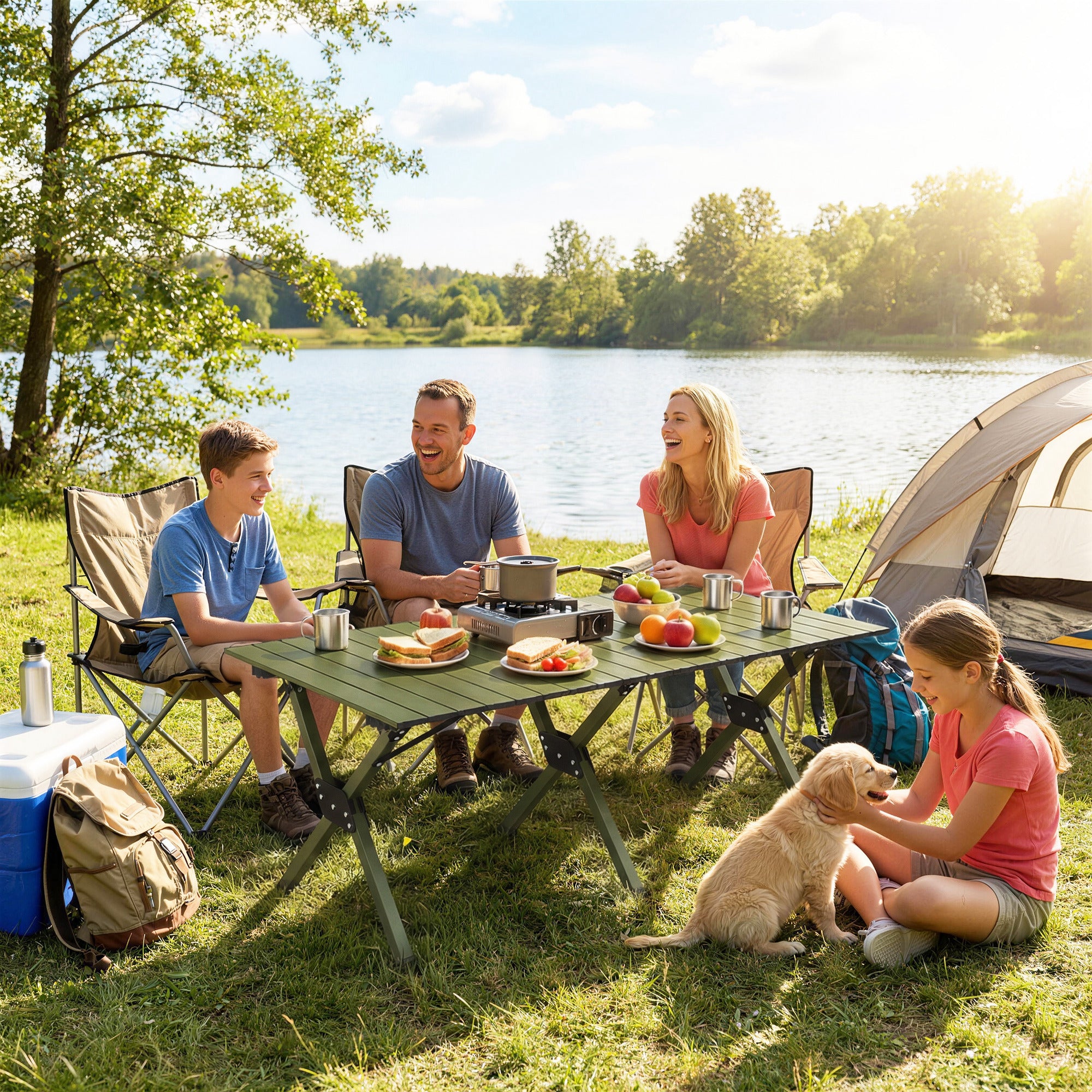 Outsunny 4ft Folding Camping Table, Waterproof Picnic Table with Roll Up Top and Metal Frame, Green 