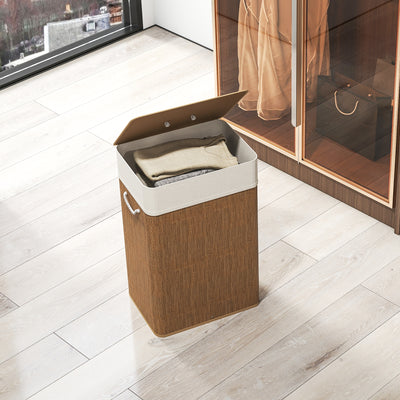 HOMCOM Bamboo Laundry Basket with Lid, 72L Laundry Hamper with Rope Handles, Washing Basket with Removable Washable Liner Bag for Bathroom, Bedroom, Brown 