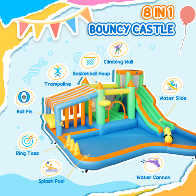 AIYAPLAY 8 in 1 Inflatable Bounce House with 680W Blower, Slide, 2 Pools, Basketball Hoop, Climbing Wall, Water Gun, Ring Toss 