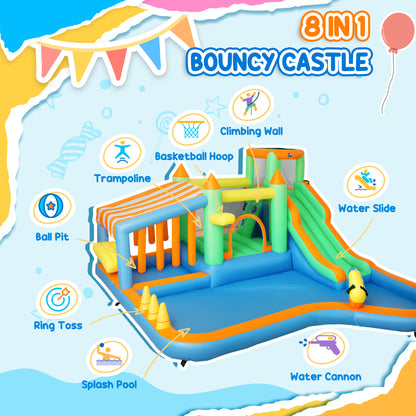 AIYAPLAY 8 in 1 Inflatable Bounce House with 680W Blower, Slide, 2 Pools, Basketball Hoop, Climbing Wall, Water Gun, Ring Toss