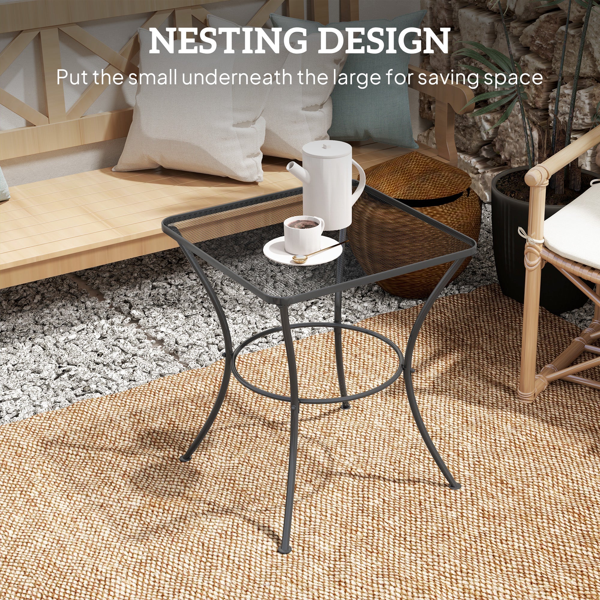 Outsunny 60cm Square Garden Table, Outdoor Metal Bistro Side Desk with Mesh Top, Black 