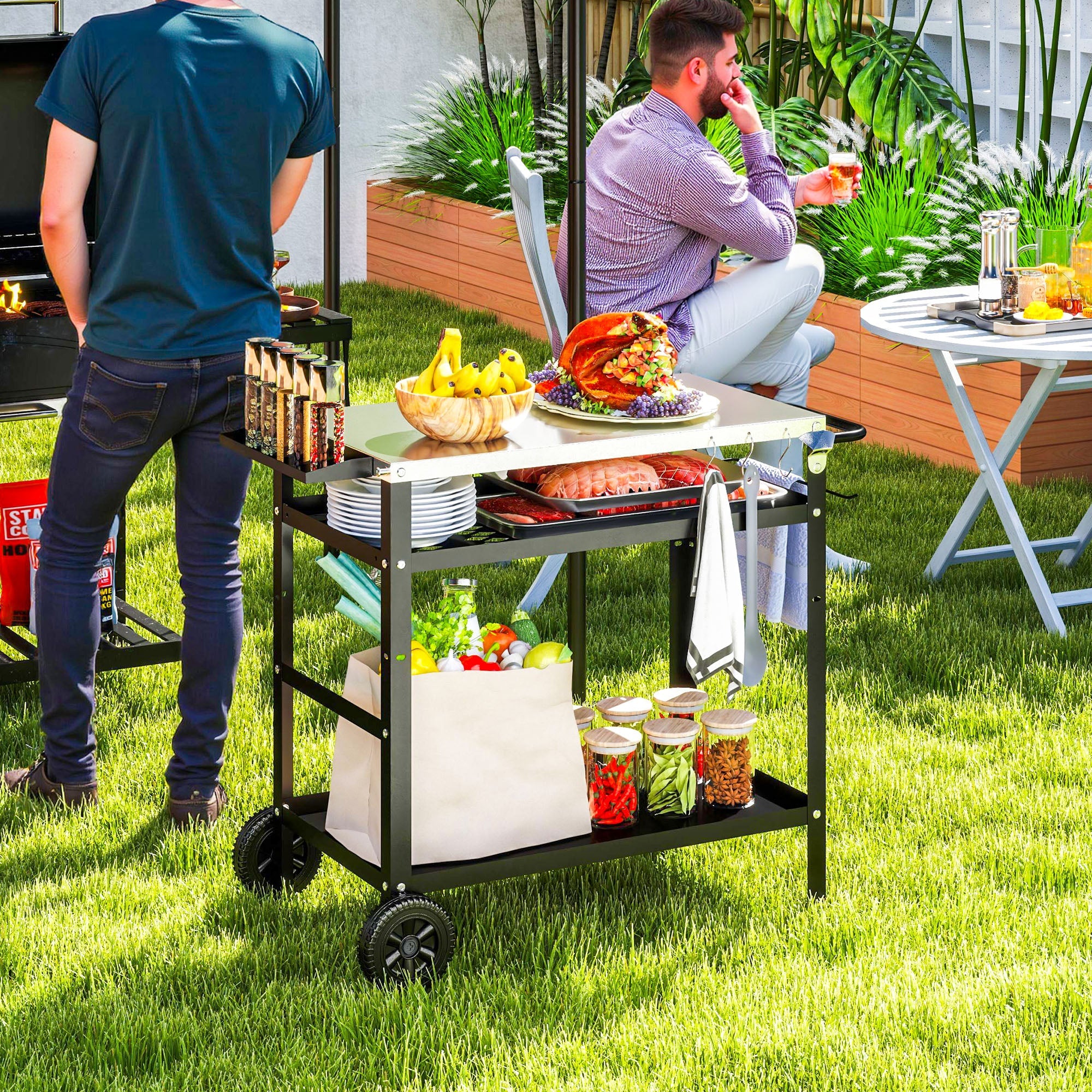 Outsunny BBQ Trolley with Stainless Steel Top Adjustable Shelf, Outdoor Kitchen BBQ Station with Hooks Seasoning Tray Towel Rack, Pizza Oven Table Movable Outdoor Grill Dining Cart with Cover, Black 