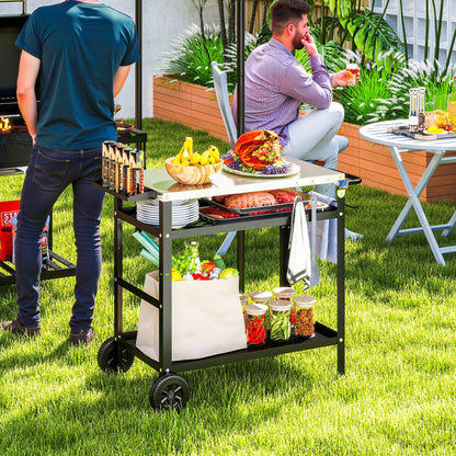 Outsunny BBQ Trolley with Stainless Steel Top Adjustable Shelf, Outdoor Kitchen BBQ Station with Hooks Seasoning Tray Towel Rack, Pizza Oven Table Movable Outdoor Grill Dining Cart with Cover, Black 