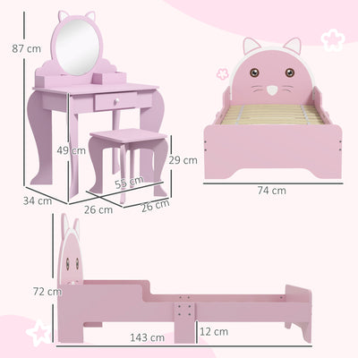 ZONEKIZ Wooden Kids Bedroom Furniture Set with Kids Dressing Table, Stool, Bed, for 3-6 Years, Cat-Design 