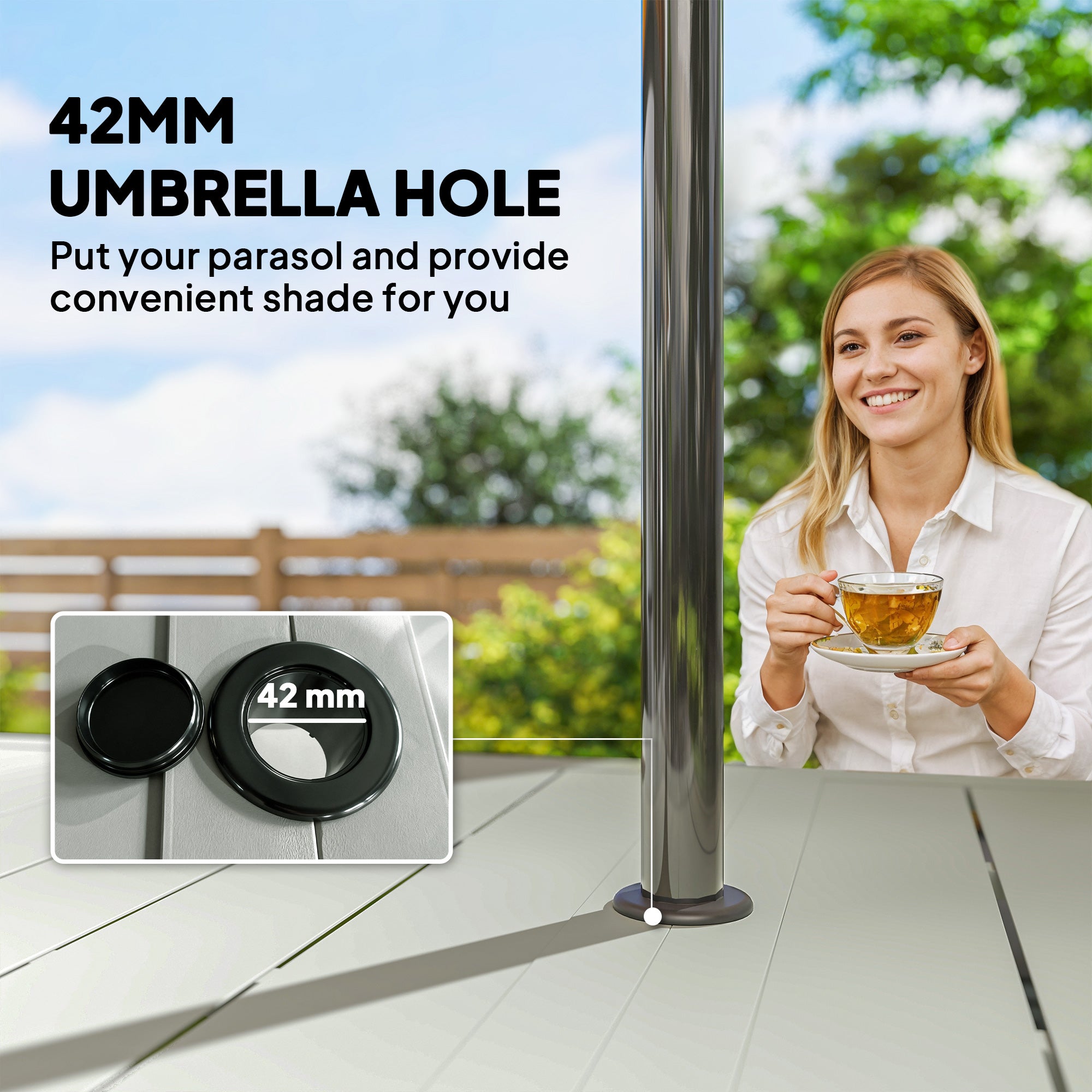 Outsunny Rectangle Garden Table with Parasol Hole, Outdoor Dining Table for 6, Patio Table for Balcony, 150cm x 90cm, Light Grey 