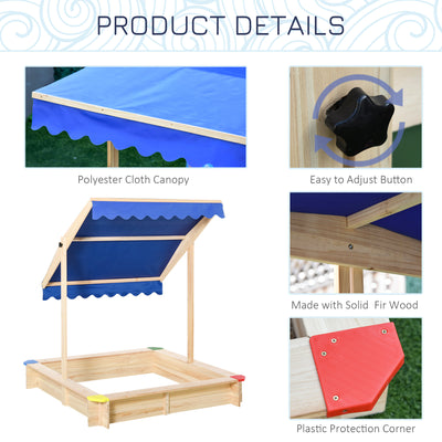 Outsunny Kids Wooden Sand Pit Children Square Sandbox Outdoor Playset Play Station Adjustable Canopy Bench Seat 120x120x120cm 