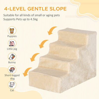 PawHut Four-Step Dog Stairs, with Washable Plush Cover, for High Bed Sofa, Dog Stairs for Small Dog and Cat - Beige 