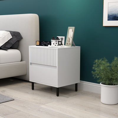 HOMCOM Simple Line Indented Two-Drawer Bedside Table - White 