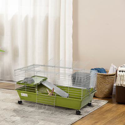 PawHut Small Animal Cage Rabbit Guinea Pigs Chinchillas Cage w/ Wheels Water Bottle Food Dish Platform Ramp 89 x 44 x 43 cm Green 