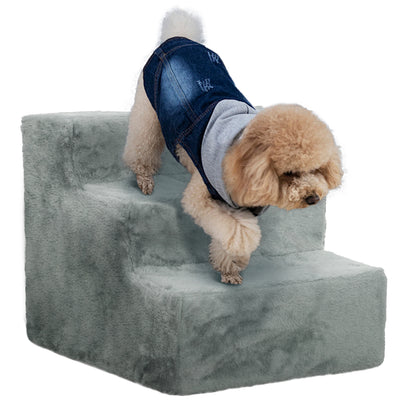 PawHut Three-Step Dog Stairs, with Washable Plush Cover, for High Bed Sofa, Dog Stairs for Small Dog and Cat - Light Grey 
