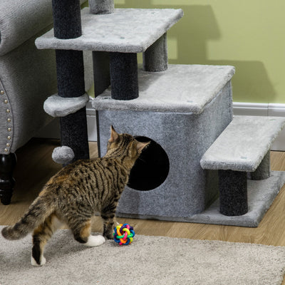 PawHut Adjustable Cat Steps, with House & Hanging Toy Ball - Grey 