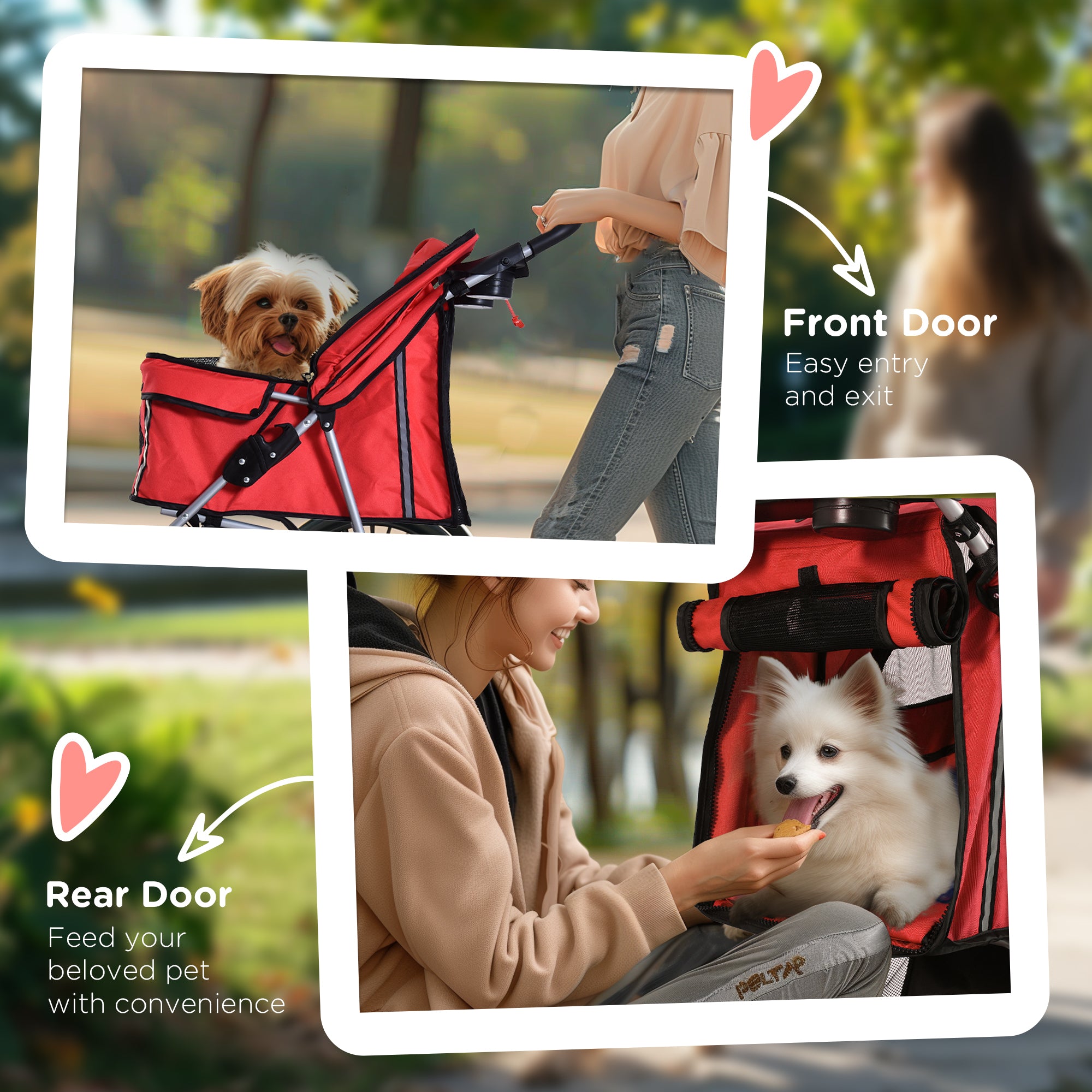 PawHut Pet Stroller for Small Miniature Dogs Cats Foldable Travel Carriage with Wheels Zipper Entry Cup Holder Storage Basket Red 