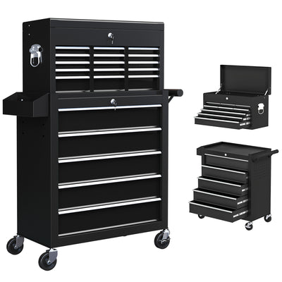 HOMCOM 19 Drawer, Two-Part Tool Storage Chest on Wheels - Black 
