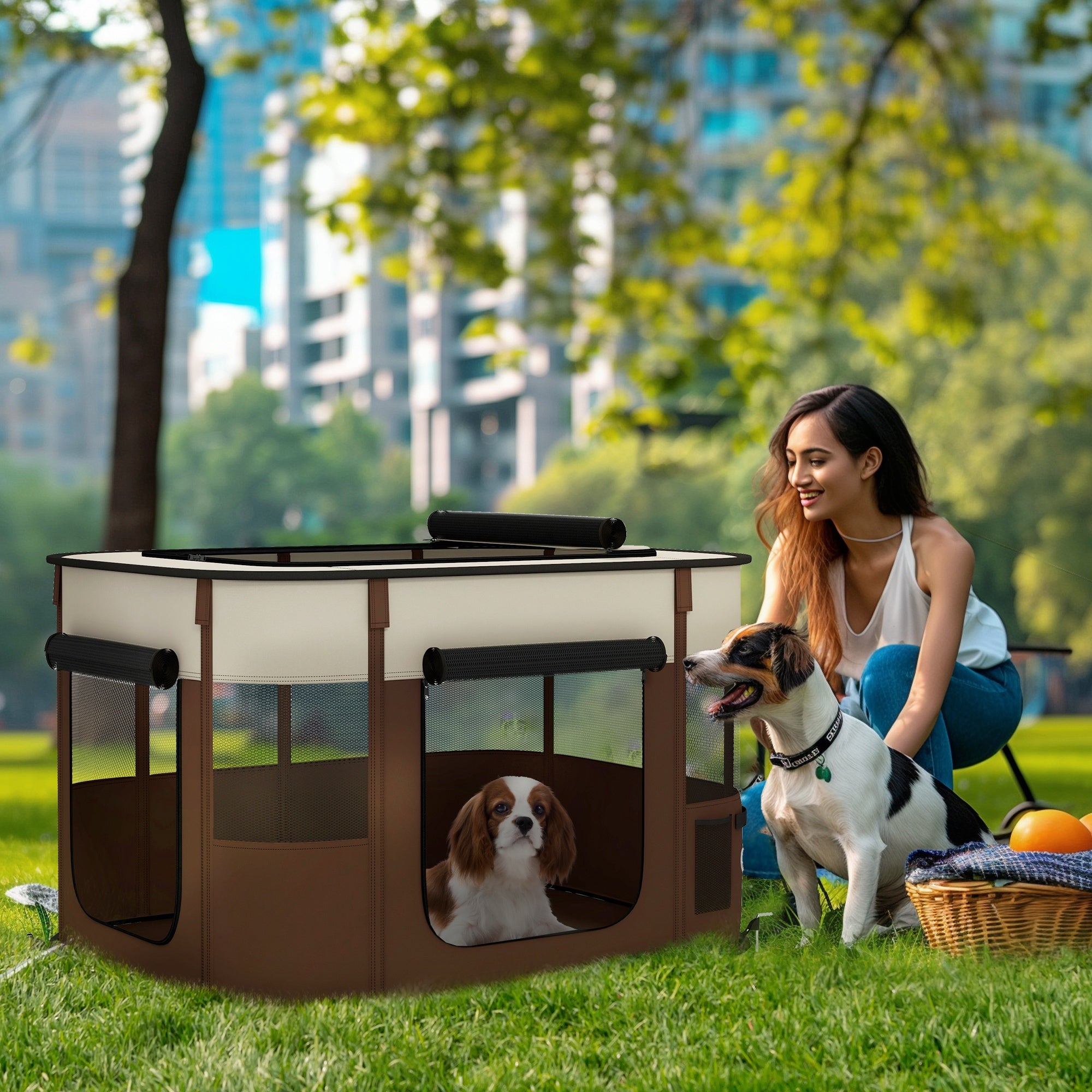 PawHut Foldable Dog Pen with Storage Bag for Indoor/Outdoor Use, Portable Pet playpen, with Ground Stakes - Brown 