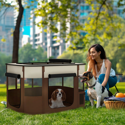 PawHut Foldable Dog Pen with Storage Bag for Indoor/Outdoor Use, Portable Pet playpen, with Ground Stakes - Brown 