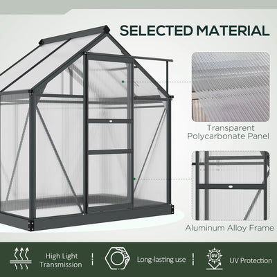 Outsunny 6 x 4ft Polycarbonate Greenhouse, Large Walk-In Green House with Slide Door and Window, Garden Plants Grow House with Aluminium Frame and Foundation, Grey 