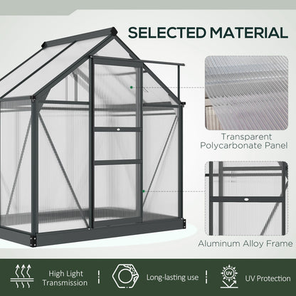 Outsunny 6 x 4ft Polycarbonate Greenhouse, Large Walk-In Green House with Slide Door and Window, Garden Plants Grow House with Aluminium Frame and Foundation, Grey 