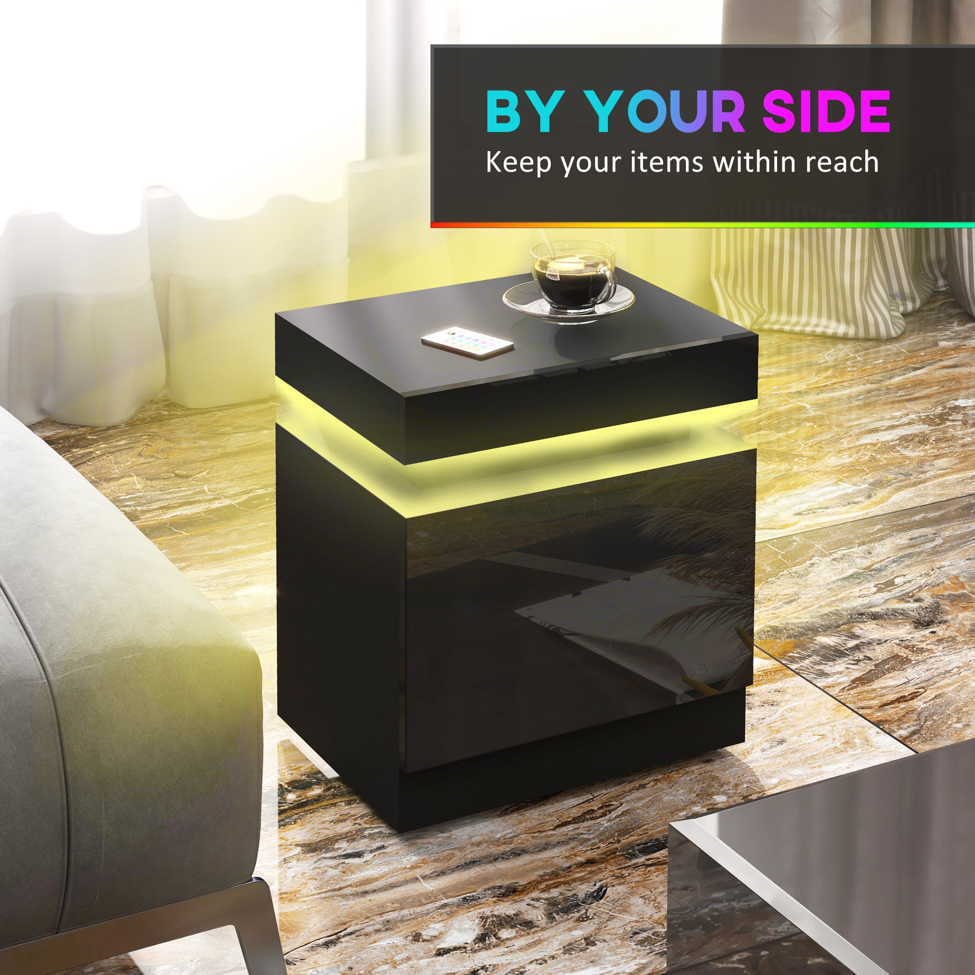 HOMCOM High Gloss Front Bedside Tables Set of 2, Nightstands with RGB LED Light and 2 Drawers, Chest of Drawers for Bedroom, Living Room, Black 