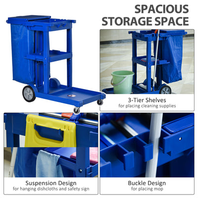 HOMCOM Janitor Cleaning Trolley, with Bin, Shelves and Hooks - Blue 