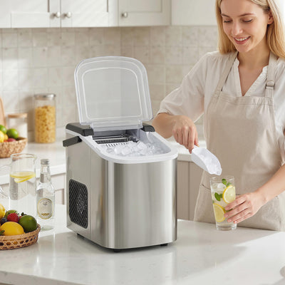 HOMCOM Ice Maker Machine Countertop, 9 Cubes Ready in 7 Mins, 12 KG in 24Hrs, 2 Sizes of Bullet, Self-Cleaning Ice Machine with Portable Handle, Scoop and Basket for Home Kitchen Office RV 