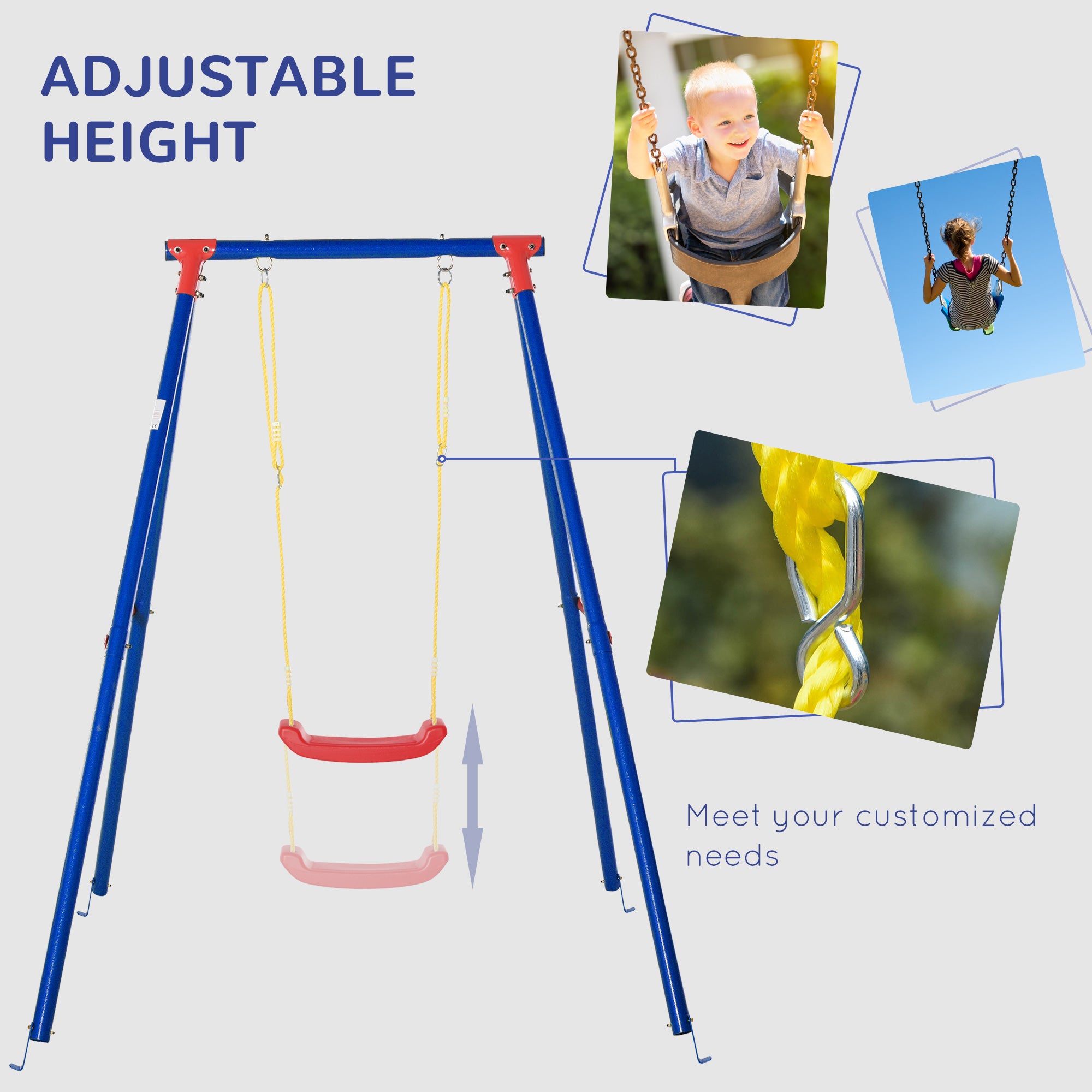 Outsunny Kids Swing Set Toddler Swing Adjustable Rope Heavy Duty A-Frame Stand Outdoor Playset for 3-8 Years Old Blue 