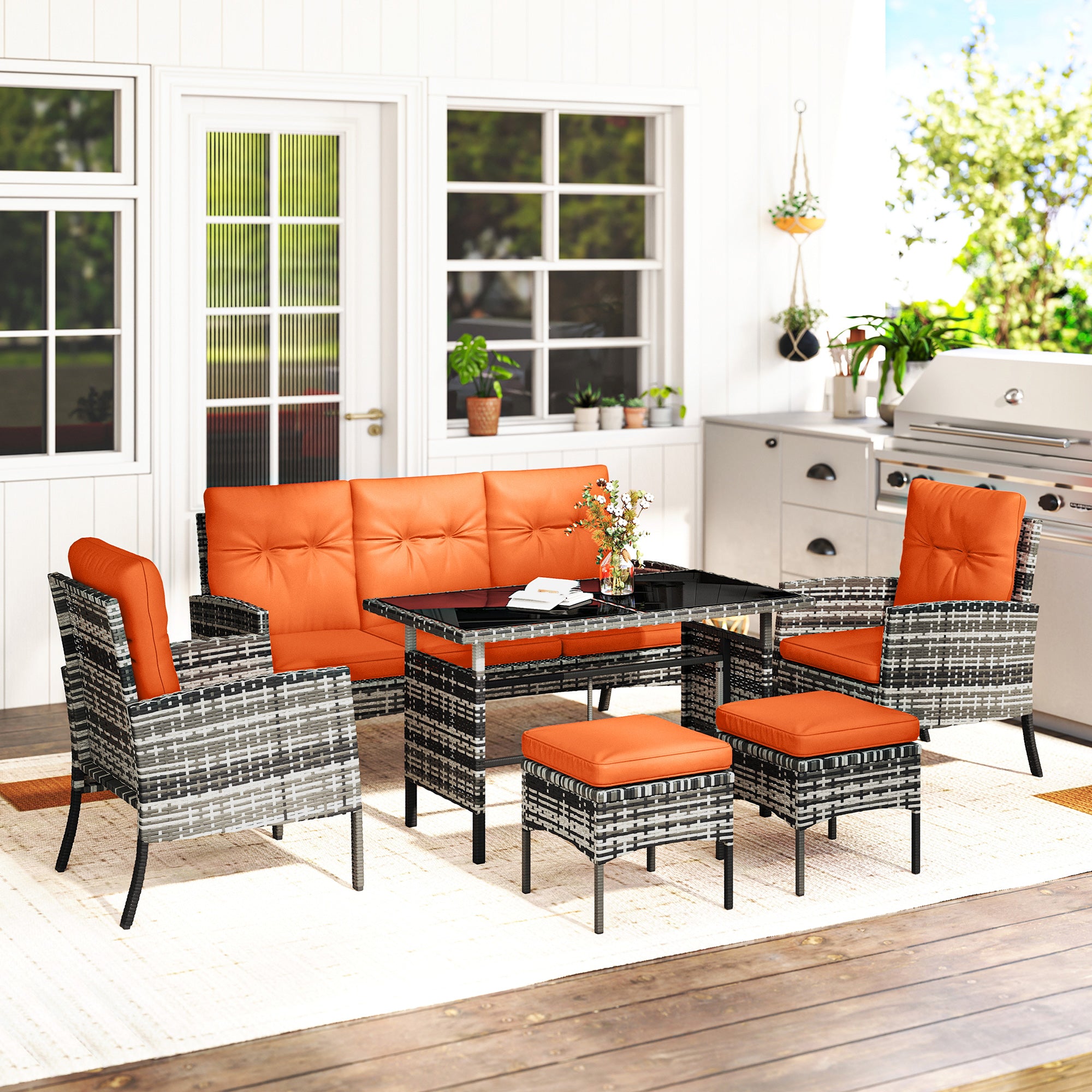 Outsunny 6 Pieces Rattan Garden Furniture Set with Dining Table and Cushions, Orange 