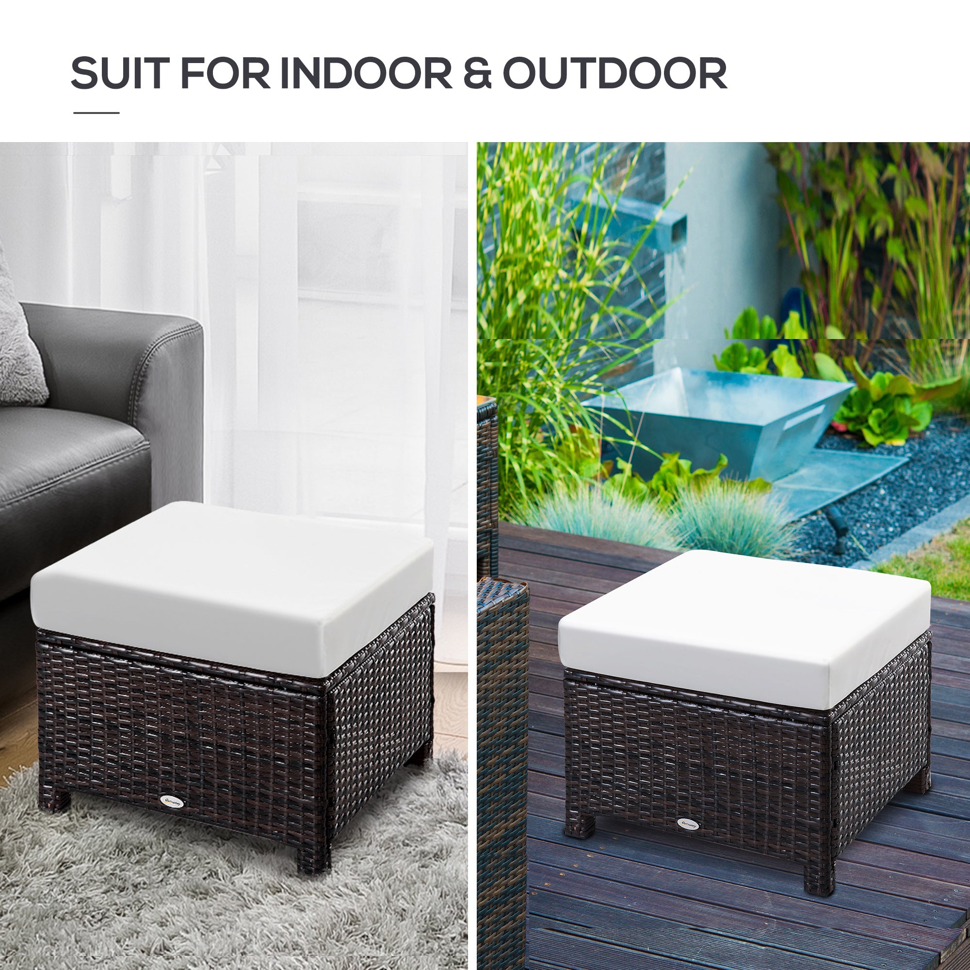 Outsunny Rattan Footstool Wicker Ottoman with Padded Seat Cushion Outdoor Patio Furniture for Garden Poolside Living Room, 50 x 50 x 35 cm, Brown 