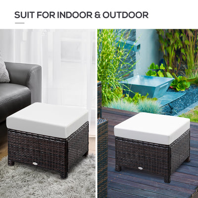 Outsunny Rattan Footstool Wicker Ottoman with Padded Seat Cushion Outdoor Patio Furniture for Garden Poolside Living Room, 50 x 50 x 35 cm, Brown 
