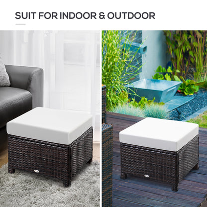 Outsunny Rattan Footstool Wicker Ottoman with Padded Seat Cushion Outdoor Patio Furniture for Garden Poolside Living Room, 50 x 50 x 35 cm, Brown 