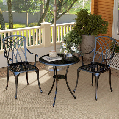 Outsunny 3 Pieces Garden Dining Set for 2, Cast Aluminium Outdoor Dining Set with 2 Armchairs and Round Dining Table with Parasol Hole, Garden Furniture Set, Bronze Tone 