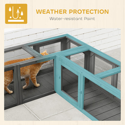 PawHut Cat Tunnel, 250cm Extra Long Wooden Cat Play Tunnel with 8 Doors, L-shape/Rectangle, Outdoor Cat Enclosure, Dark Grey 