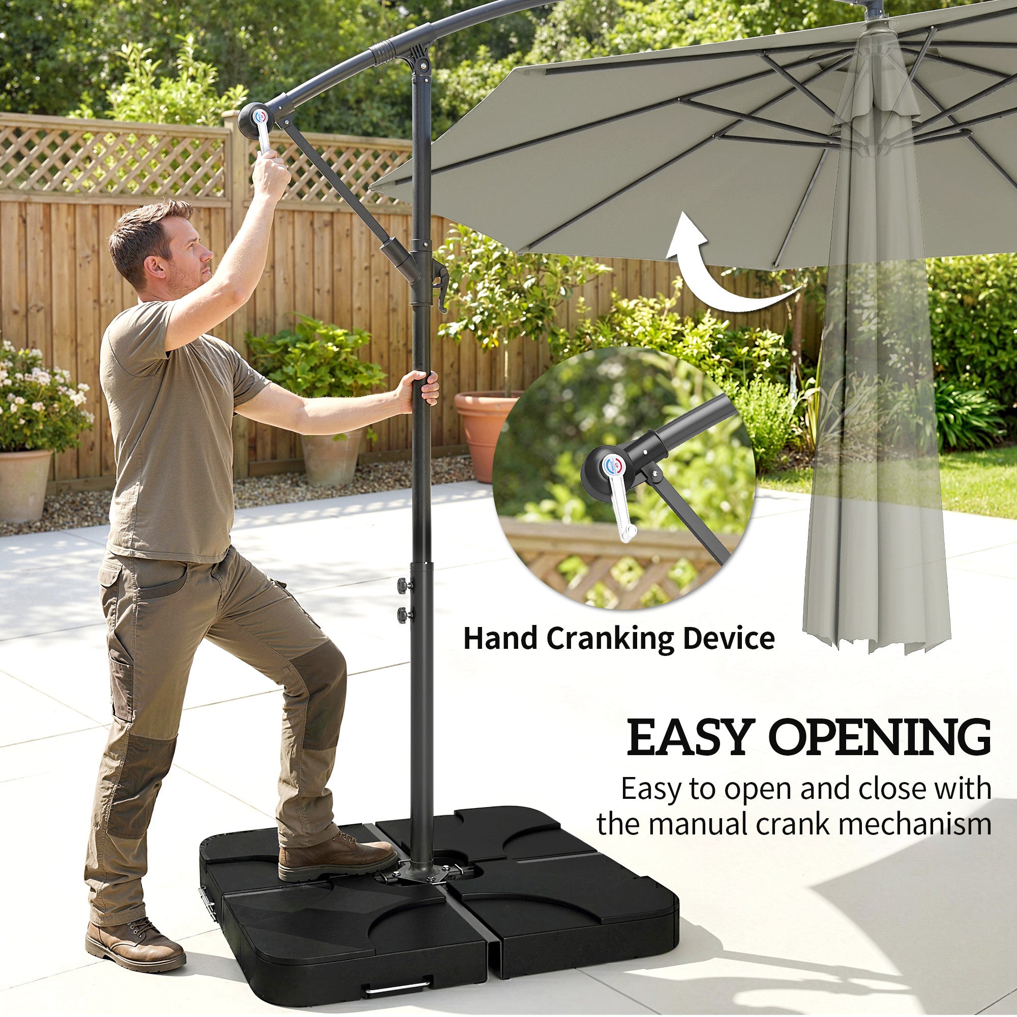 Outsunny 3m Overhanging Parasol, with Base, Weights and Cover - Light Grey 