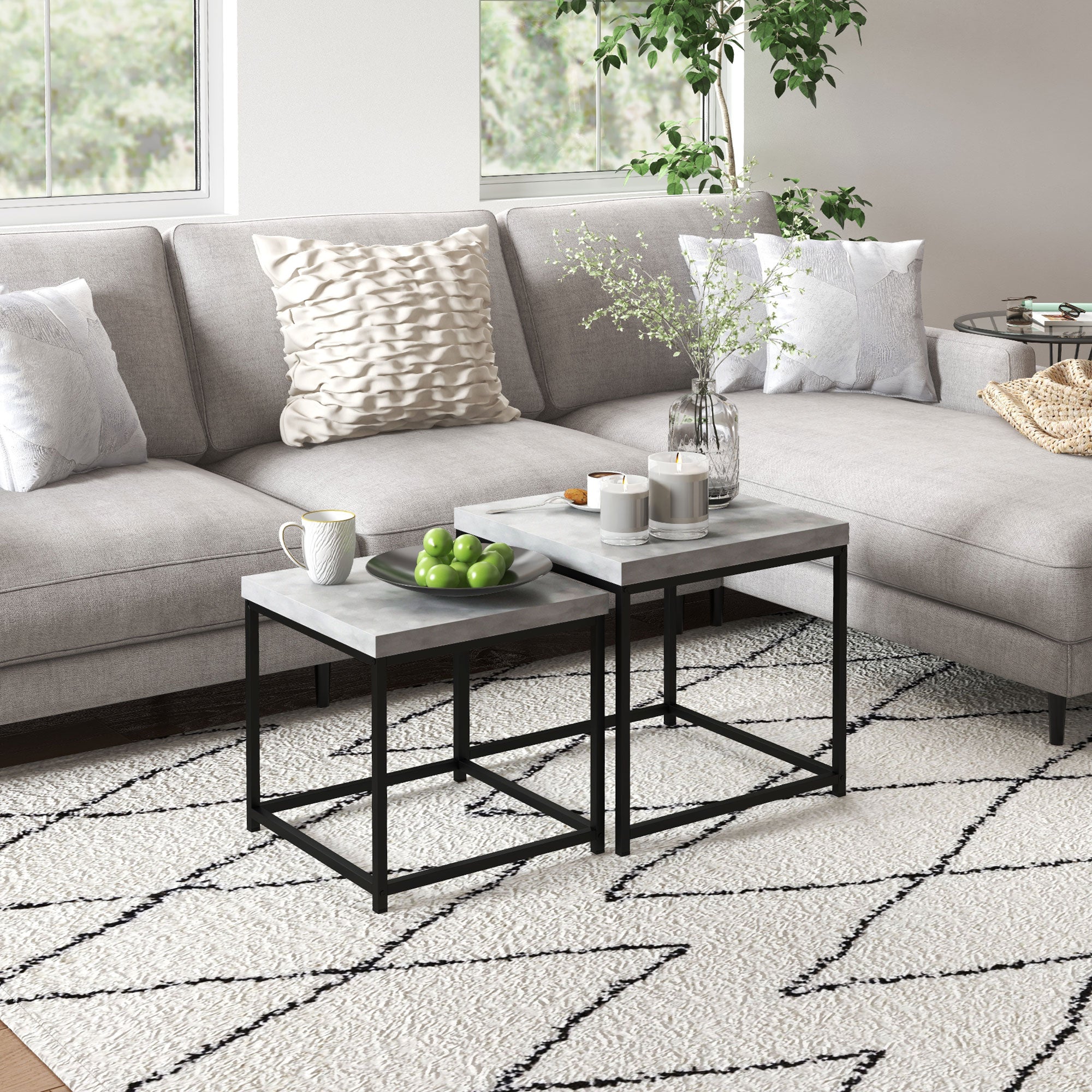 HOMCOM Coffee Table Set of 2, Nest of Tables with 3.5cm Thick Tabletop, Grey 