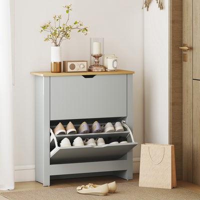 HOMCOM Slim Shoe Cabinet, Narrow Shoe Cupboard with 2 Flip Drawers, Adjustable Shelves for 12 Pairs of Shoes, Light Grey 