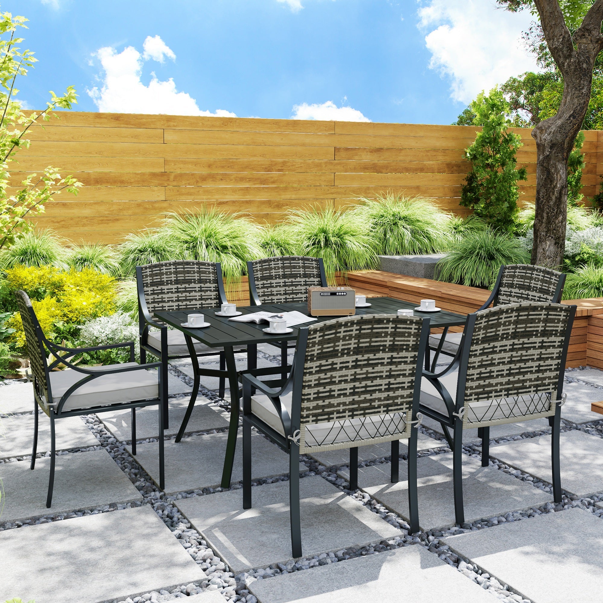 Outsunny Rattan Garden Furniture Set with Cushions, 6 Seater Rattan Dining Set with 6 Armchairs, 150 x 96cm Rectangular Table, Umbrella Hole, for Outdoor, Patio, Balcony, Terrace, Conservatory 
