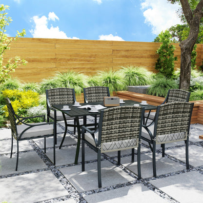 Outsunny Rattan Garden Furniture Set with Cushions, 6 Seater Rattan Dining Set with 6 Armchairs, 150 x 96cm Rectangular Table, Umbrella Hole, for Outdoor, Patio, Balcony, Terrace, Conservatory 