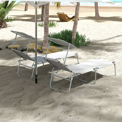 Outsunny Outdoor Foldable Sun Lounger Set of 2, 4 Level Adjustable Backrest Reclining Sun Lounger Chair with Angle Adjust Sun Shade Awning for Beach, Garden, Patio, Light Grey 