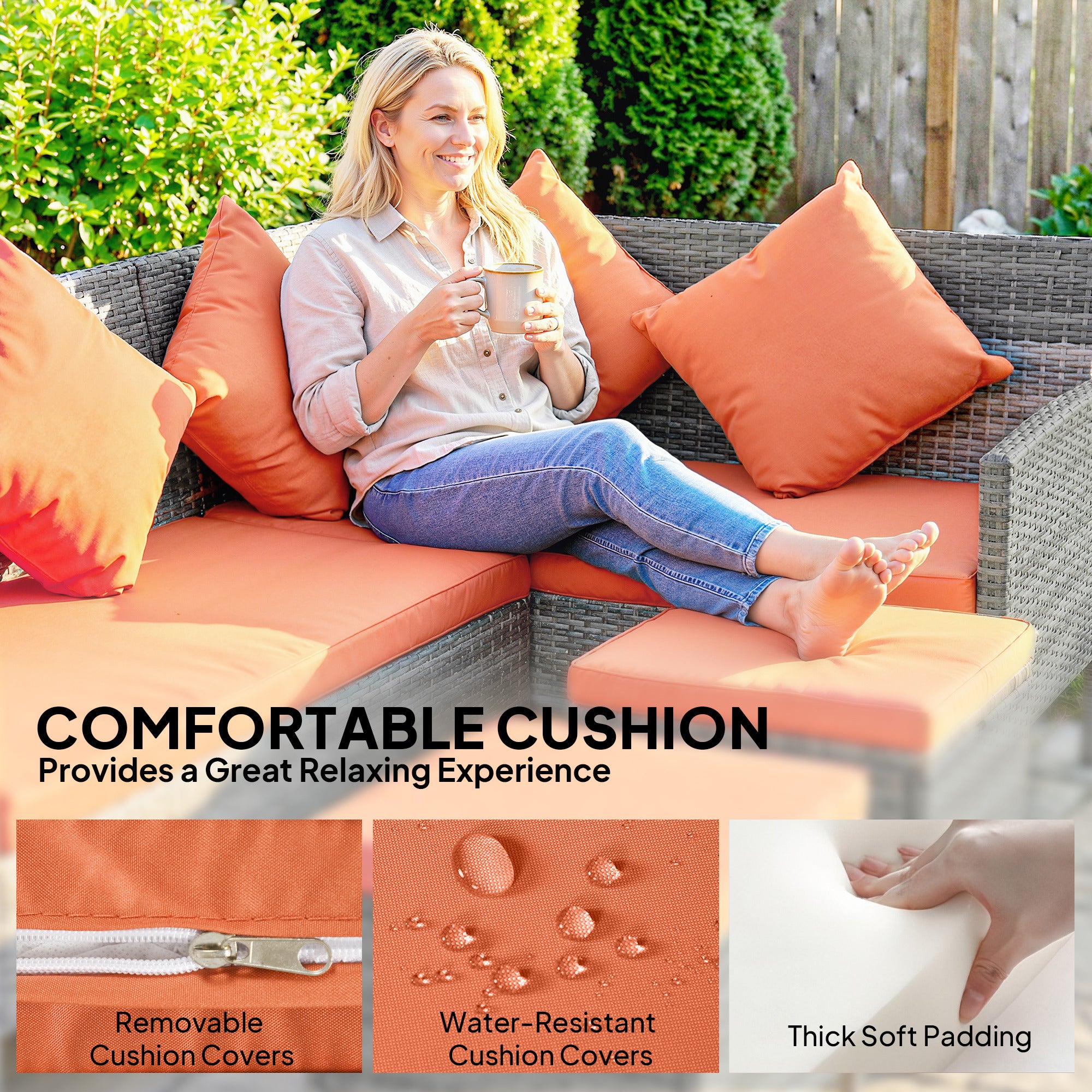 Outsunny 6-Seater Rattan Dining Set Sofa Table Footstool Outdoor w/ Cushion Garden Furniture, Orange 