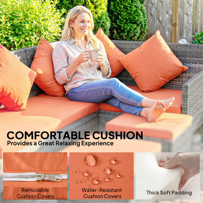 Outsunny 6-Seater Rattan Dining Set Sofa Table Footstool Outdoor w/ Cushion Garden Furniture, Orange 