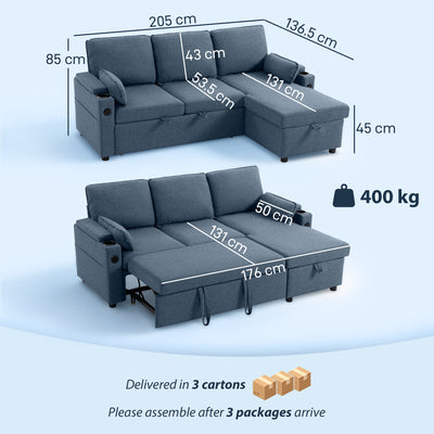 HOMCOM Corner Sofa Bed, L Shaped Sleeper Sectional Sofa with Reversible Storage Chaise, Blue 